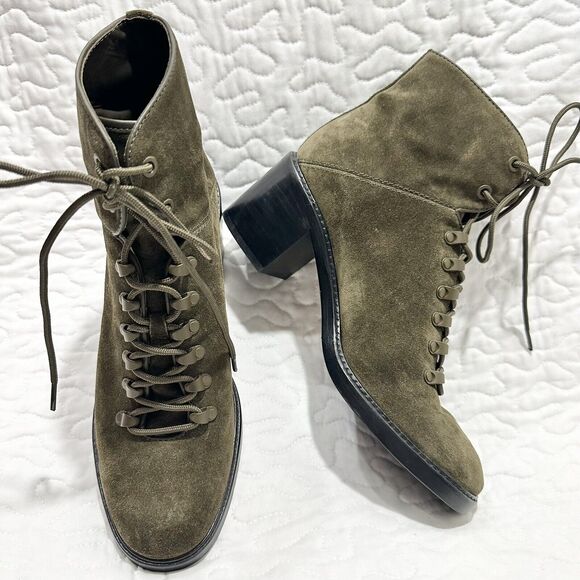 Vince Shoes - VINCE Falco Green Suede Padded Hiking Combat Military Boots Leather Heel Sz 9.5